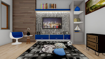 3D interior of the family room and viewing room.