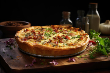 Quiche Lorraine on wooden table.  Traditional French cuisine - 686231527
