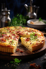 Quiche Lorraine on wooden table.  Traditional French cuisine - 686231528
