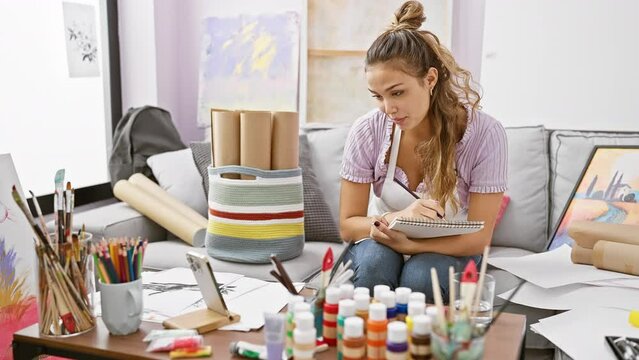 Beautiful young hispanic woman artist joyfully drawing in art studio while having an entertaining video call on her smartphone