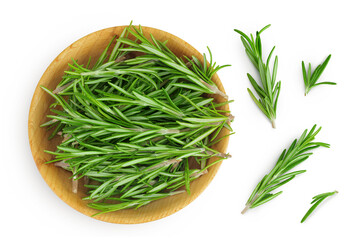 Rosemary twig and leaves in wooden bowl isolated on white background. Top view. Flat lay