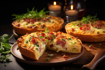 Quiche Lorraine on wooden table.  Traditional French cuisine