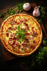 Quiche Lorraine on wooden table.  Traditional French cuisine - 686231943