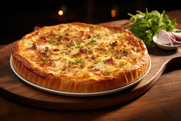 Quiche Lorraine on wooden table.  Traditional French cuisine - 686232131