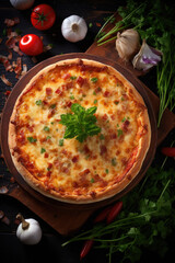 Quiche Lorraine on wooden table.  Traditional French cuisine - 686232157