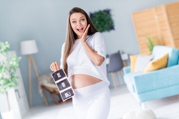 Photo of excited positive cheerful glad lovely pregnant girl indoors flat showing x-ray scan rejoicing results waiting for girl