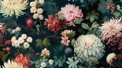 Obraz na płótnie Canvas Vintage botanical flower seamless wallpaper, vintage pattern for floral print digital background, texture, teal and white and pink flowers