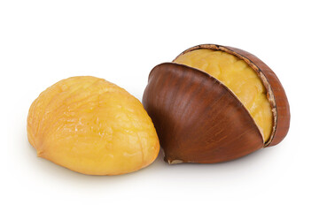 roasted peeled chestnut isolated on white background wit full depth of field.