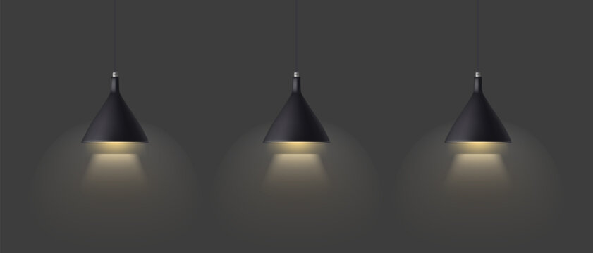 Three black shining modern pendant electric lamps on a dark background - vector image eps10