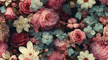 Obraz na płótnie Canvas Vintage botanical flower seamless wallpaper, vintage pattern for floral print digital background, texture, teal and white and pink flowers