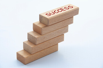 Success text on top of wooden blocks with white cover background.