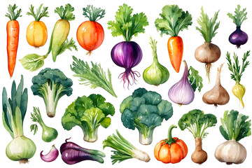Set of watercolor vegetables isolated on transparent background - obrazy, fototapety, plakaty