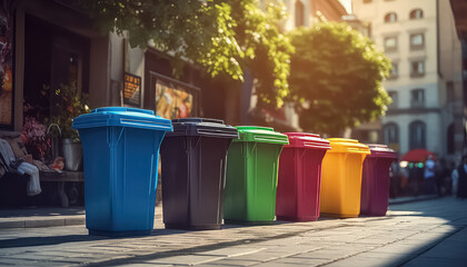 Bins for separate garbage collection on a clean street , Environmental eco safe Conservation - obrazy, fototapety, plakaty
