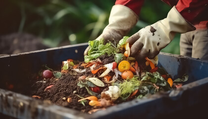 Man composting peeling vegetables and fruits and food , Environmental eco safe Conservation