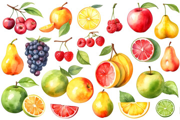 Set of watercolor fruits isolated on transparent background - obrazy, fototapety, plakaty