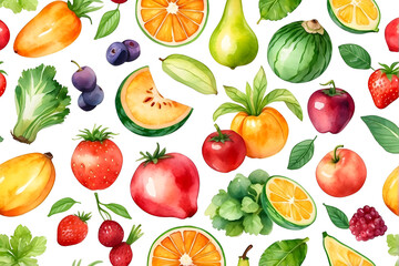 Set of watercolor fruits and vegetables isolated on transparent