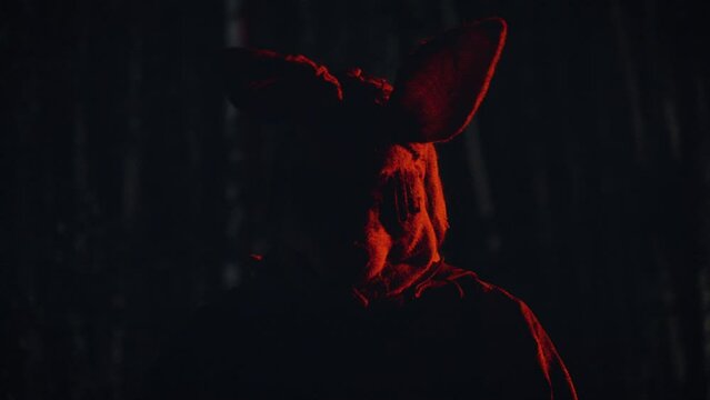 a murderer in a scary mask stands in a dark forest.