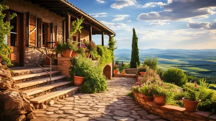 Fototapete idyllic Tuscany landscape with vineyards and a manor house © FrankBoston