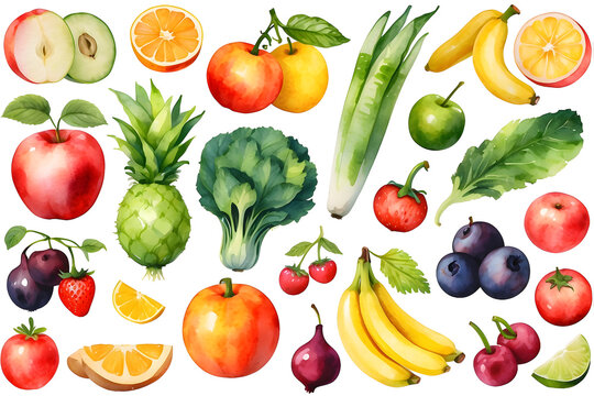 Set of watercolor fruits and vegetables isolated on transparent background