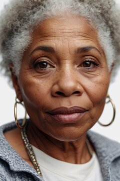 Large cropped portert of a beautiful adult elderly black African American woman with gray hair. Care, cosmetics, smooth skin concepts.