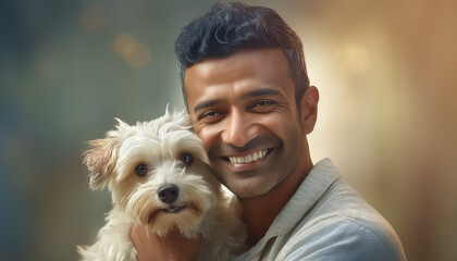 Indian man with white dog in park