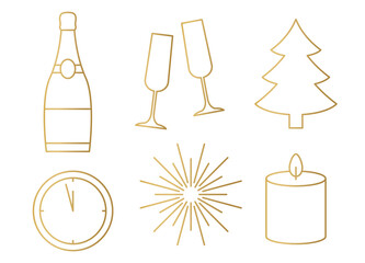 set of golden New Year's Eve icons: champagne bottle and glasses, christmas tree, clock, fireworks and candle- vector illustration