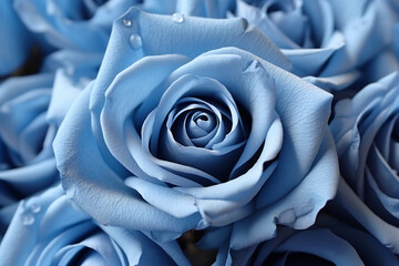 Blue roses background with dew drops, captured from above, tightly packed together.