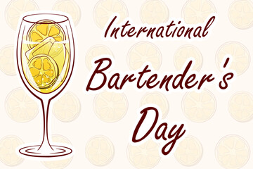 International Bartenders Day banner. 6 February. Template for background, card, poster. Vector illustration. Hugo spritz cocktail with lime slice and ice cubes.