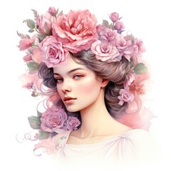 Naklejka premium Pink Floral Lady Vintage Hues Watercolor Clipart