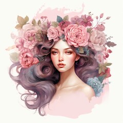 Pink Floral Lady Vintage Hues Watercolor Clipart