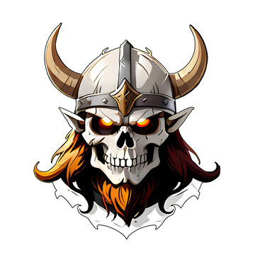 Fiery-Eyed Skull Warrior with Viking Helmet Illustration.  Isolated on black, a fearsome skull with a Viking helmet and fiery eyes, perfect for gaming, fantasy themes, and T-shirt designs.
