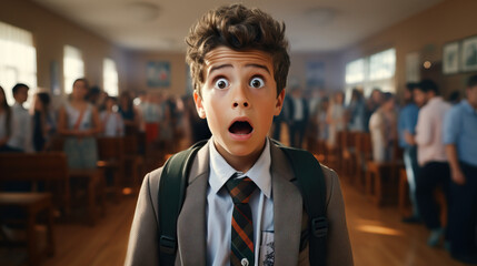 Fototapeta premium Nervous boy at school dance. Concept of Social Anxiety in Adolescence, Insecurity in Social Settings, Overcoming Shyness, First-time Social Encounters.