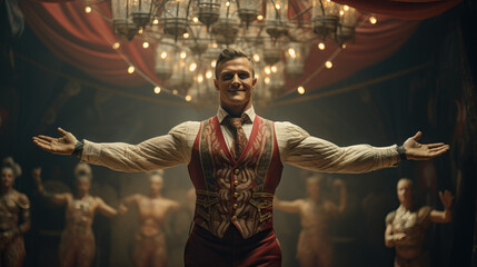 Circus ring master with arms out under the big top tent. Concept of Spectacular Showmanship, Theatrical Grandeur, and Captivating Entertainment.