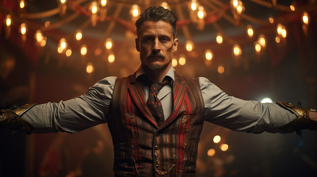 Circus ring master with arms out under the big top tent. Concept of Spectacular Showmanship, Theatrical Grandeur, and Captivating Entertainment.