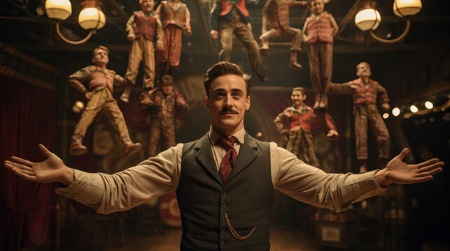 Circus ring master with arms out under the big top tent. Concept of Spectacular Showmanship, Theatrical Grandeur, and Captivating Entertainment.