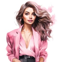 Pink Fashion Girl Exuding Confidence Watercolor Clipart