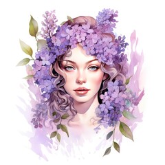 Lilac Flower Lady with Delicate Blooms Watercolor Clipart