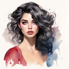 Fototapeta premium Dark Hair Glam Girl in Rich Hues Watercolor Clipart