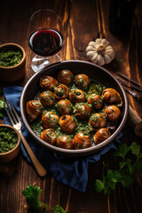 Escargots de Bourgogne on wooden table. French appetizer tradition. - 686236773