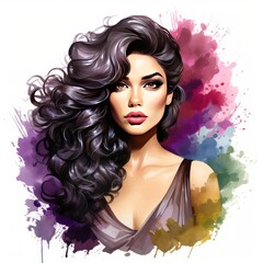 Dark Hair Glam Girl in Rich Hues Watercolor Clipart