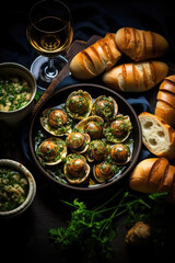 Escargots de Bourgogne on wooden table. French appetizer tradition. - 686236791