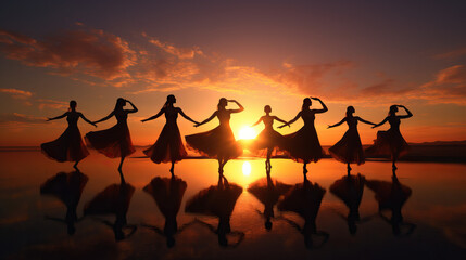 Silhouette photo of dancers striking dynamic poses against a sunset or sunrise backdrop. Concept of Ephemeral Grace, Artistic Expression, and the Beauty of Movement.