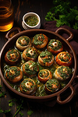 Escargots de Bourgogne on wooden table. French appetizer tradition. - 686236922