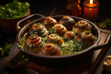 Escargots de Bourgogne on wooden table. French appetizer tradition. - 686236994