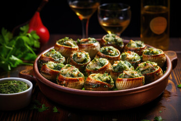 Escargots de Bourgogne on wooden table. French appetizer tradition. - 686237144