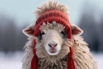 Sheep wearing in warm red knitted hat in the snow. Dressed sheep on blurred snowy winter...