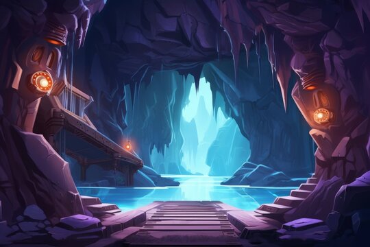 Mystery Cave with Sci-Fi Building. Video Game's Digital CG Artwork, Concept Illustration, Realistic Cartoon Style Background, Generative AI