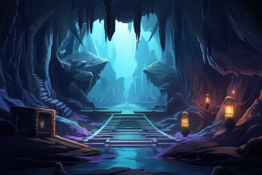 Mystery Cave with Sci-Fi Building. Video Game's Digital CG Artwork, Concept Illustration, Realistic Cartoon Style Background, Generative AI