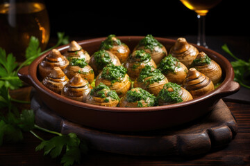 Escargots de Bourgogne on wooden table. French appetizer tradition. - 686237323