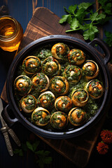 Escargots de Bourgogne on wooden table. French appetizer tradition. - 686237339